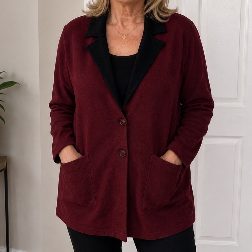 J Jason Wu Knit Blazer Cardigan Women Burgundy Black Notched Lapel L